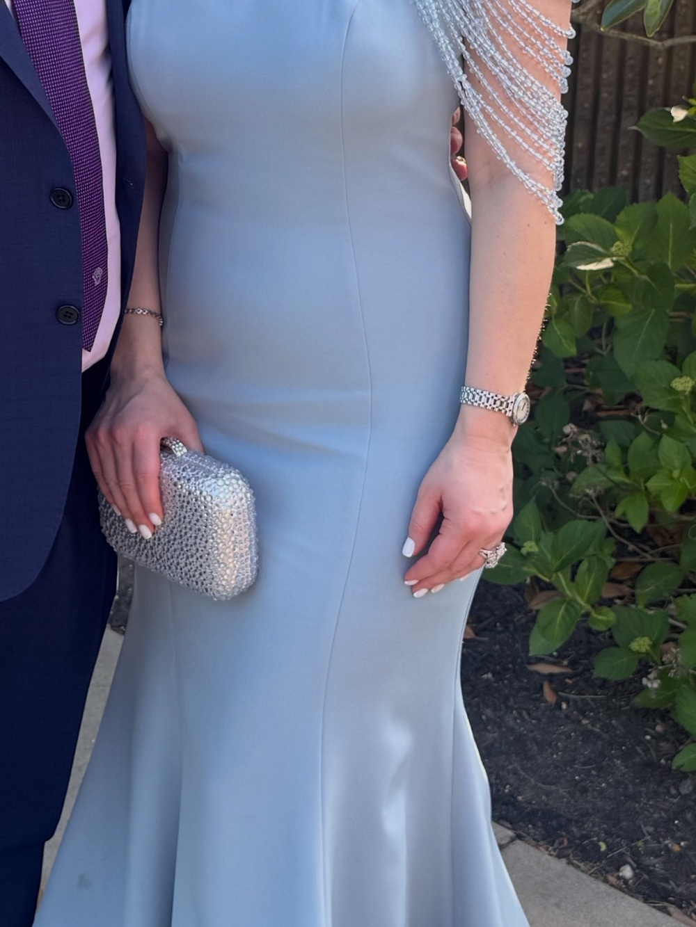 Elegant Light Blue Evening Gown with Beaded Sleeve